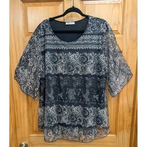 Sese Code Women's Top 2XL Flutter Sleeves Semi Shear Lined Pullover Black Beige